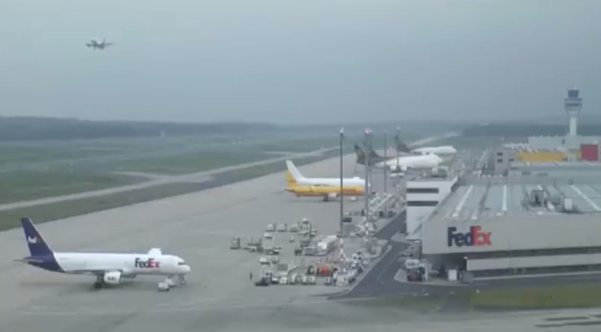 Lufthansa flight LH-434 makes a low flyby over runway at Köln / Cologne-Bonn Airport (CGN) on September 15, 2021, for visual inspection of its landing gear
