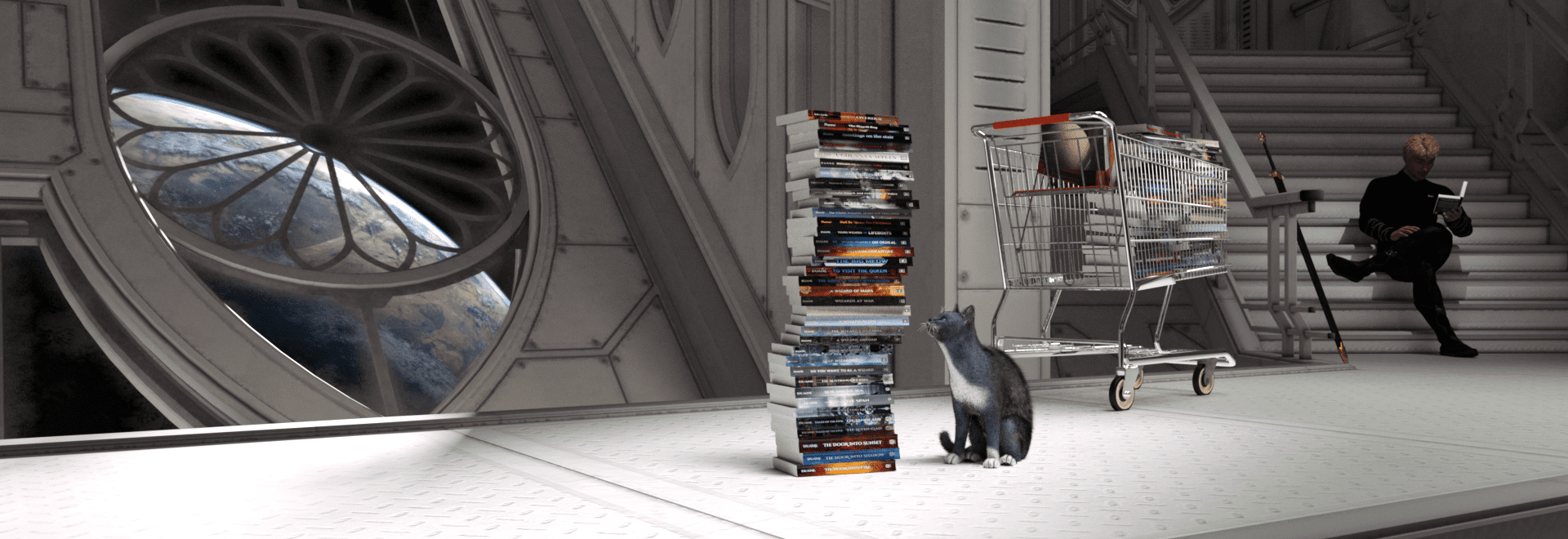 Our Whole Store stack, with a cat probably about to knock it over